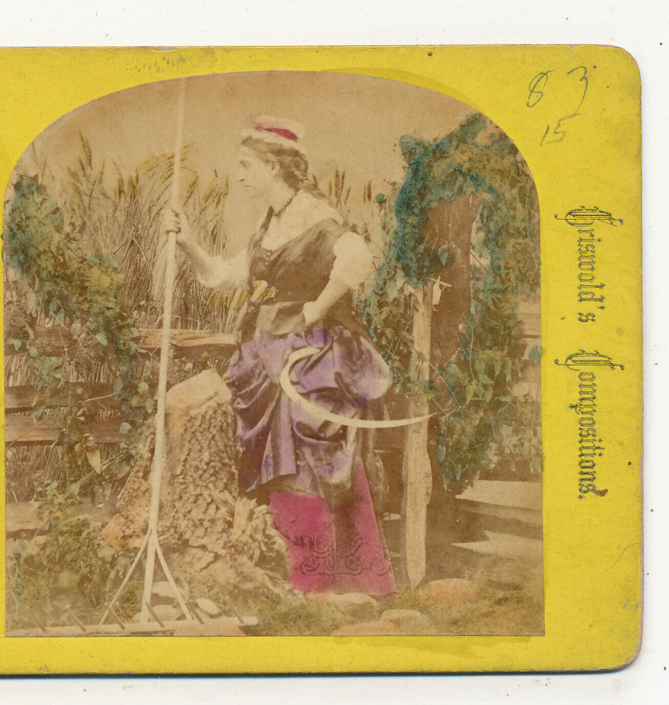 Lady with a Scythe & Rake Griswold Chamberlains Worcester MA Stereoview 1871