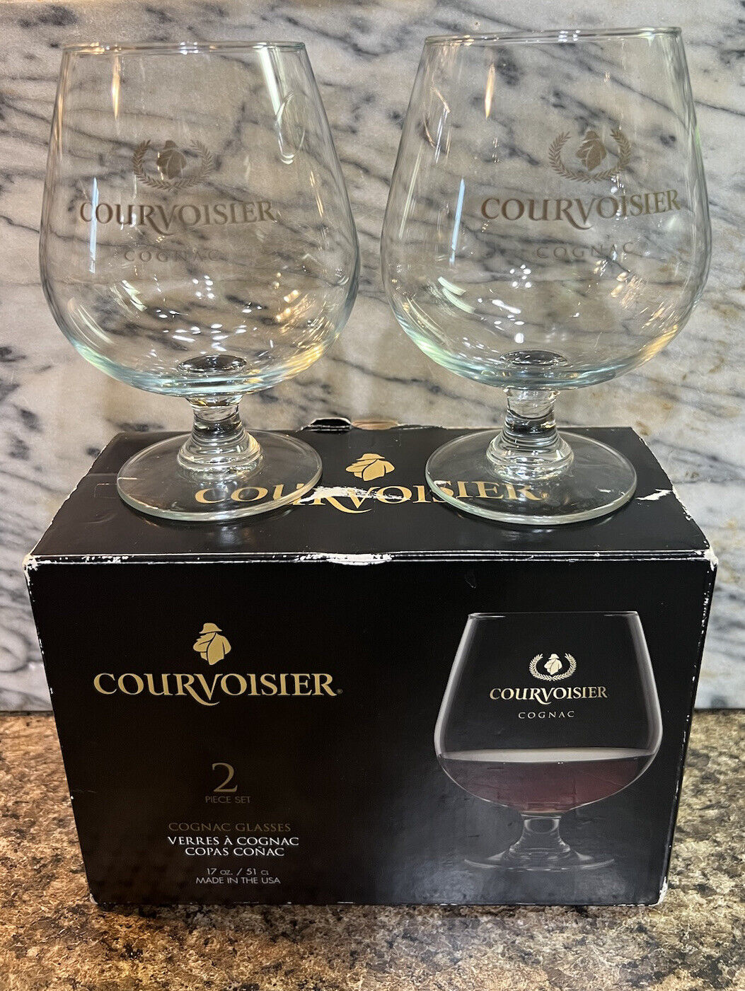 Pair of 2 Courvoisier Cognac Brandy Glasses By Luminarc in Original Box  Clear
