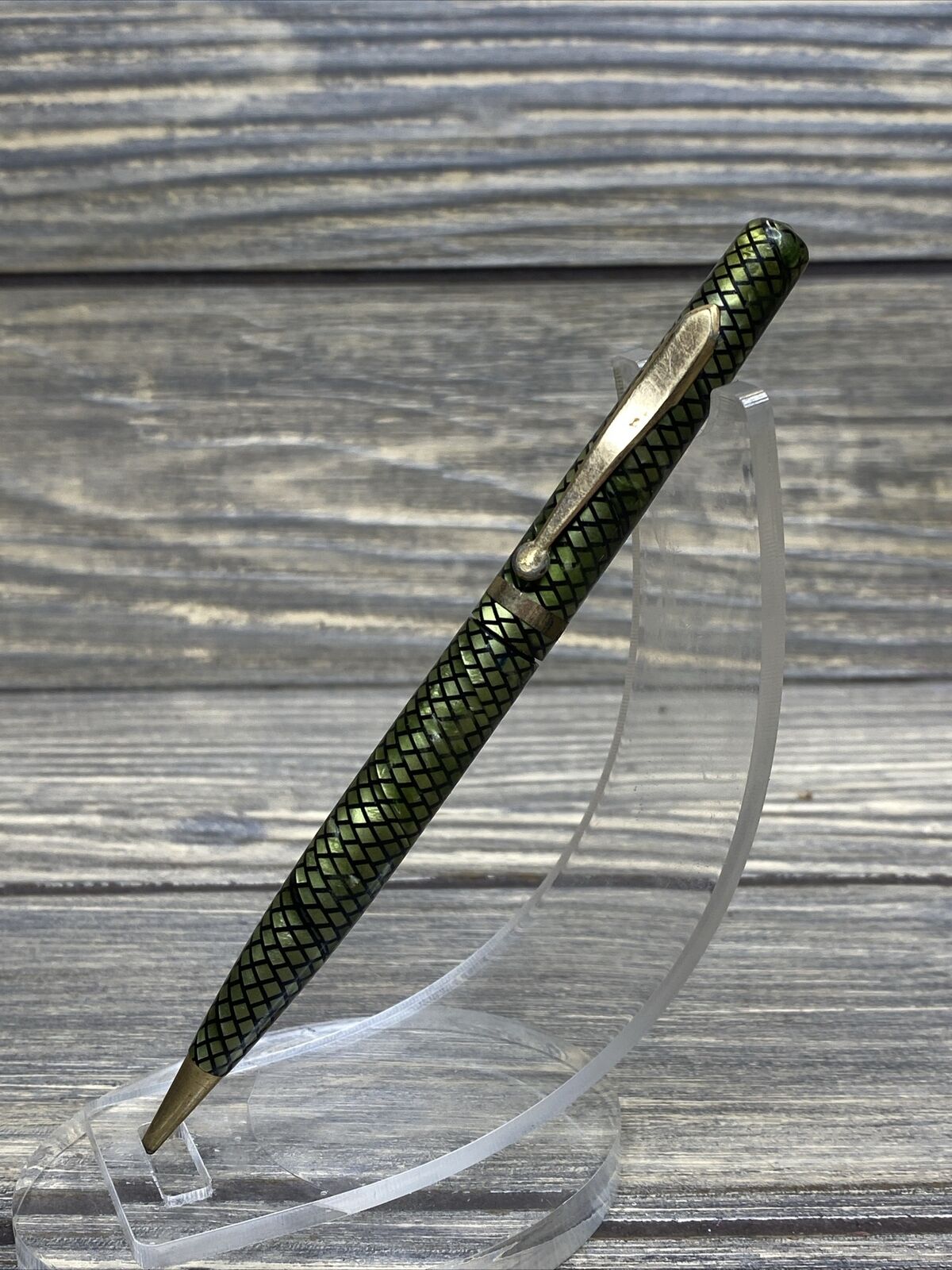 Vintage Wasp Ballpoint Ink Pen Green Black Checkered Gold Trim 