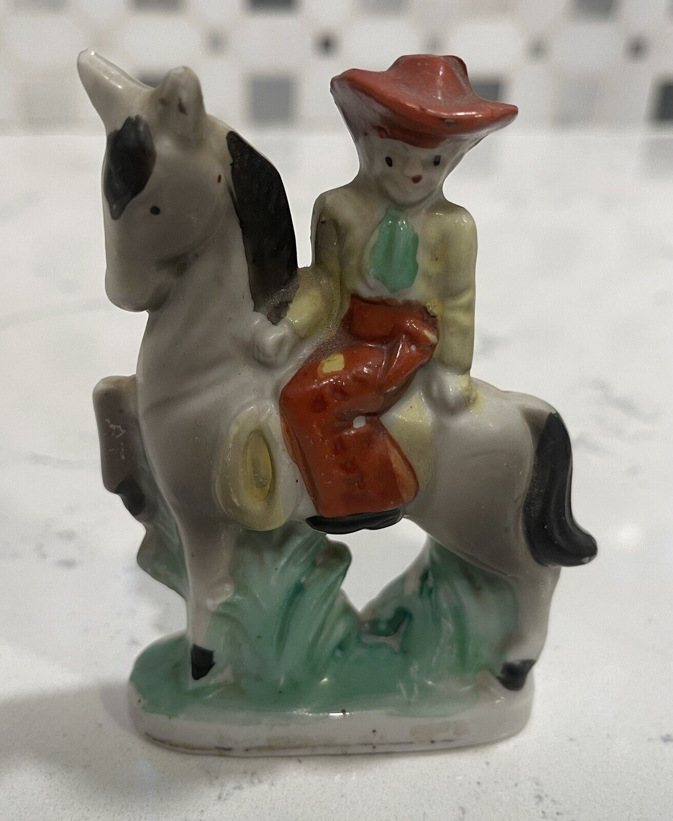 Vintage Cowboy on Horse Ceramic/Porcelain Figurine JAPAN embossed on bottom back
