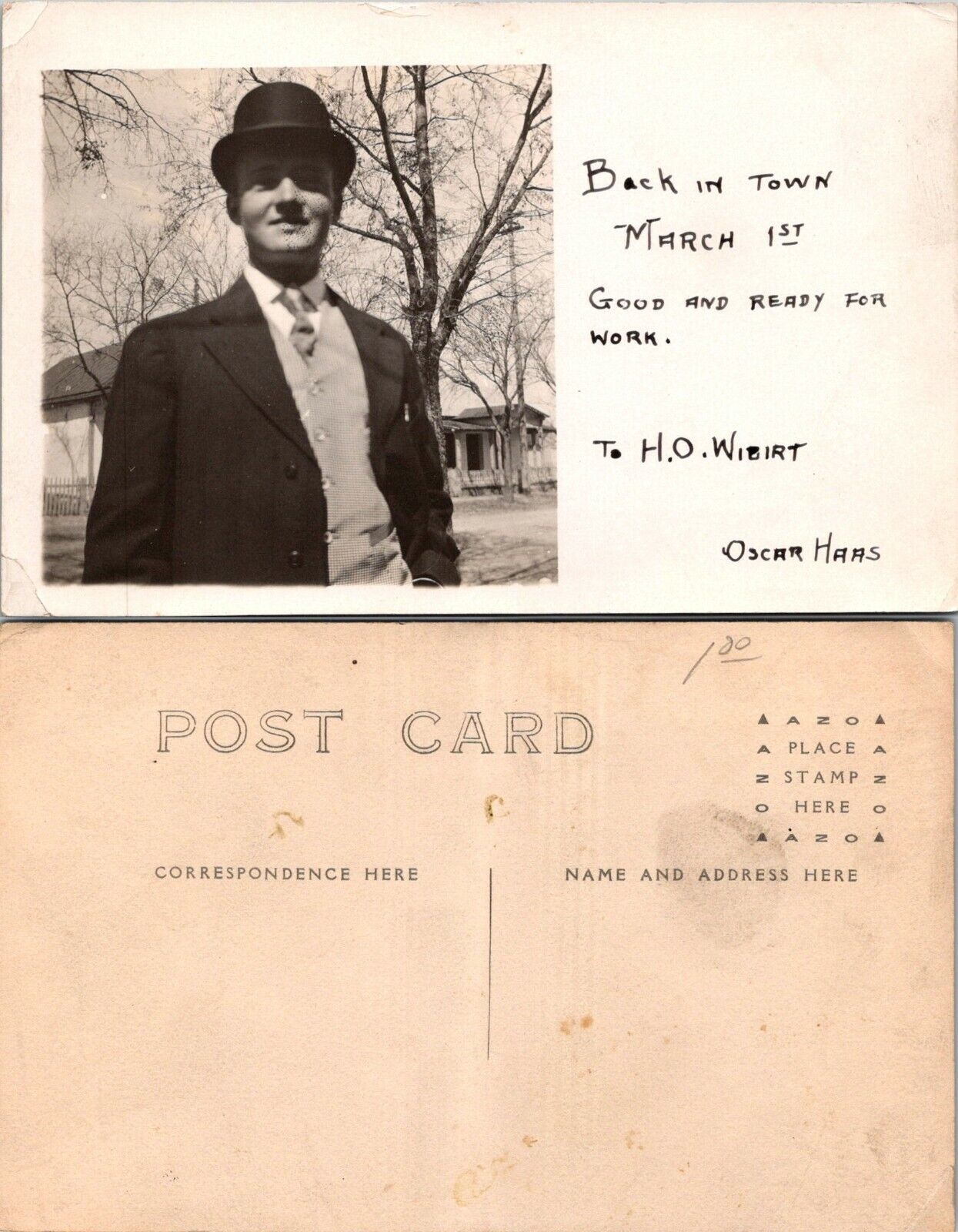 USA Unknown Location Oscar Haas in Derby Hat H.O. Wieirt RPPC Antique Postcard