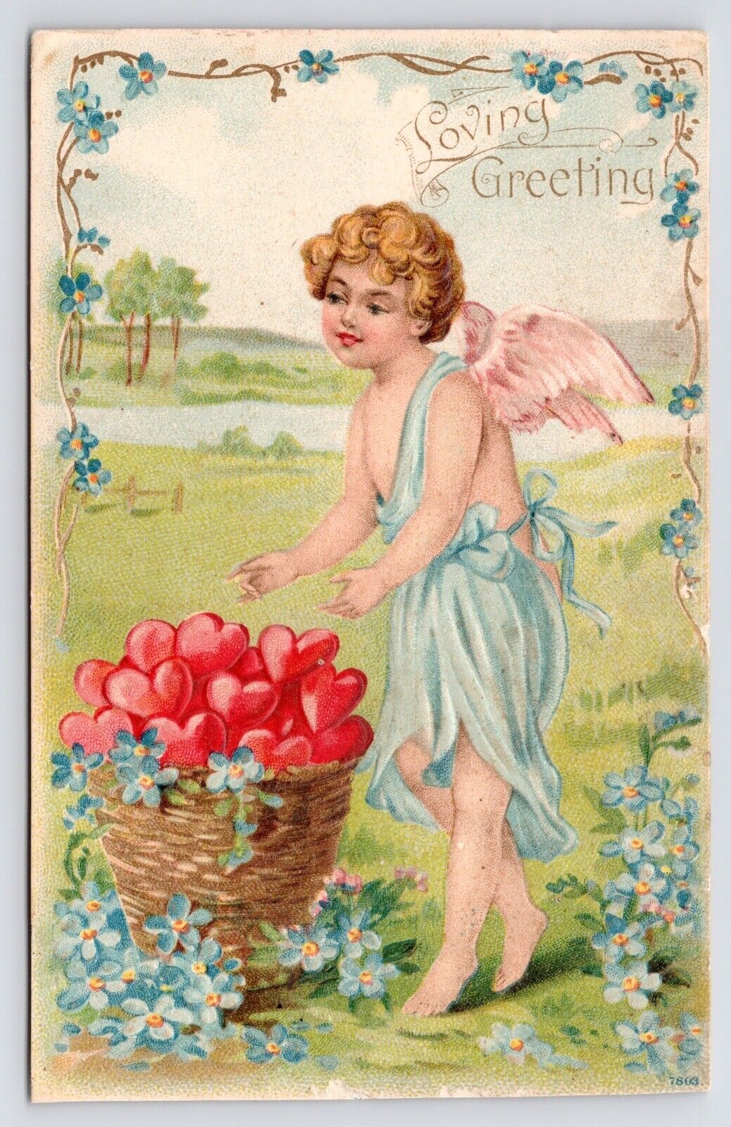c1910s Angel Cupid~Forget Me Not~Hearts~Valentine Greeting~Antique Art Postcard