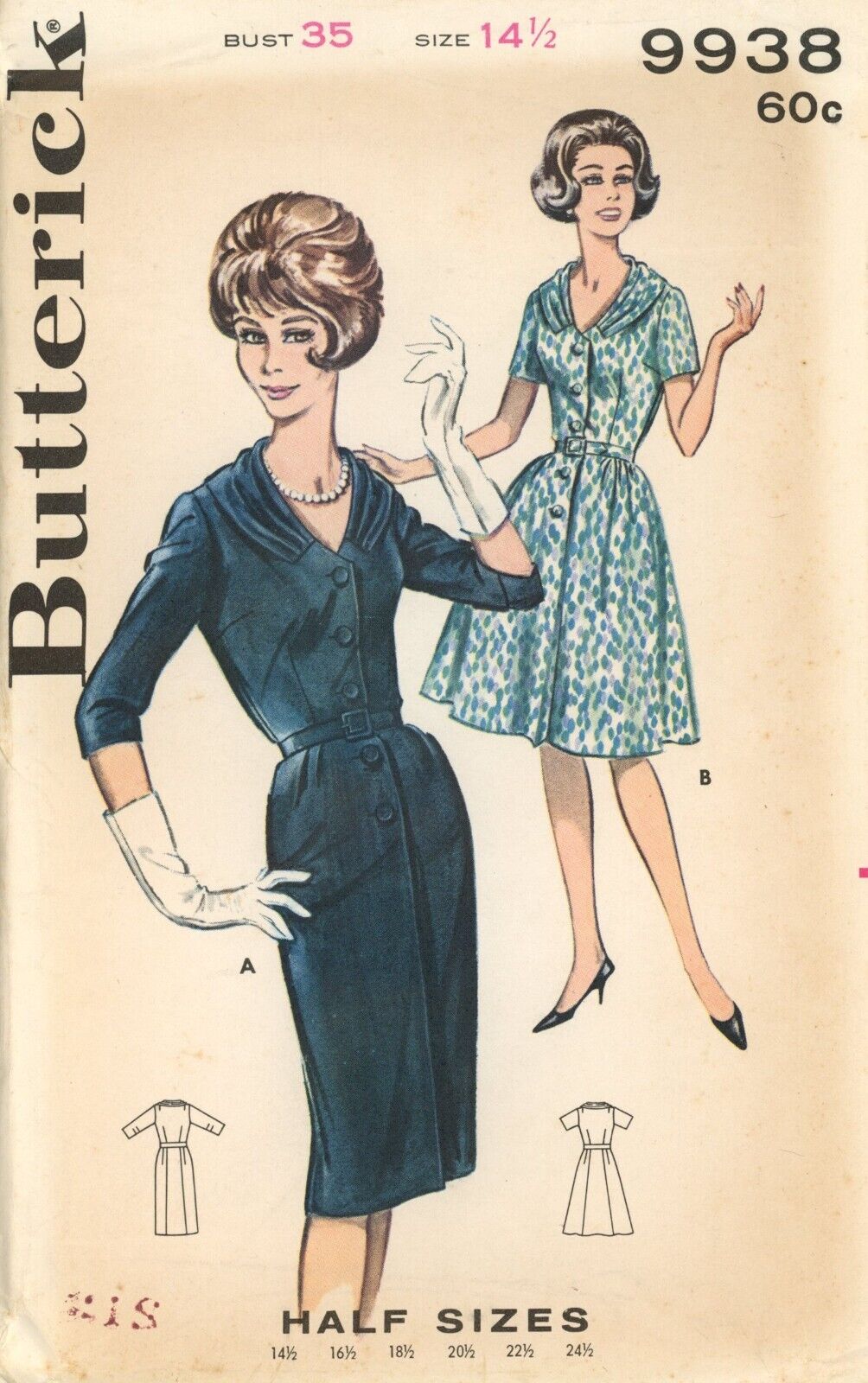 Butterick 9938 Step-In Dress w Draped Collar, Slim or Flared Skirt HALF Sz 14.5