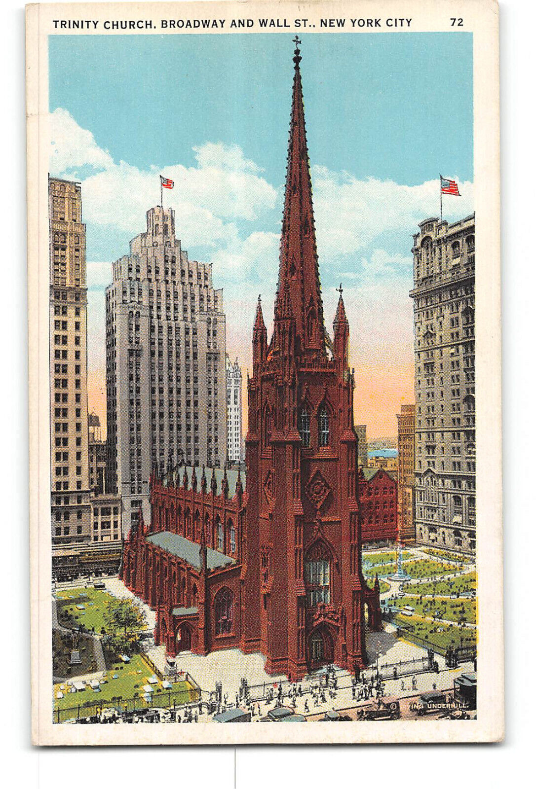 New York City NY Postcard 1915-1930 Trinity Church Broadway and Wall Street