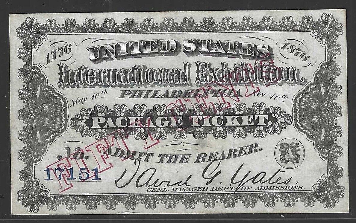 U.S, 1876, International Exhibition, Philadelphia, Ticket, with 50c Overprint