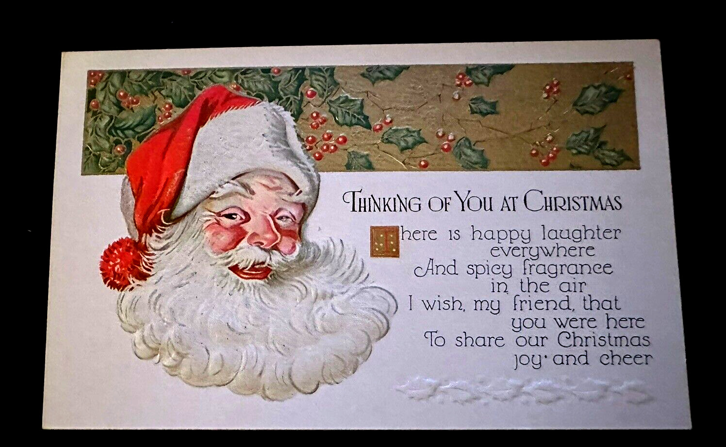 Jolly Red Hat Santa Claus with Holly~Antique Embossed ~Christmas Postcard~h872
