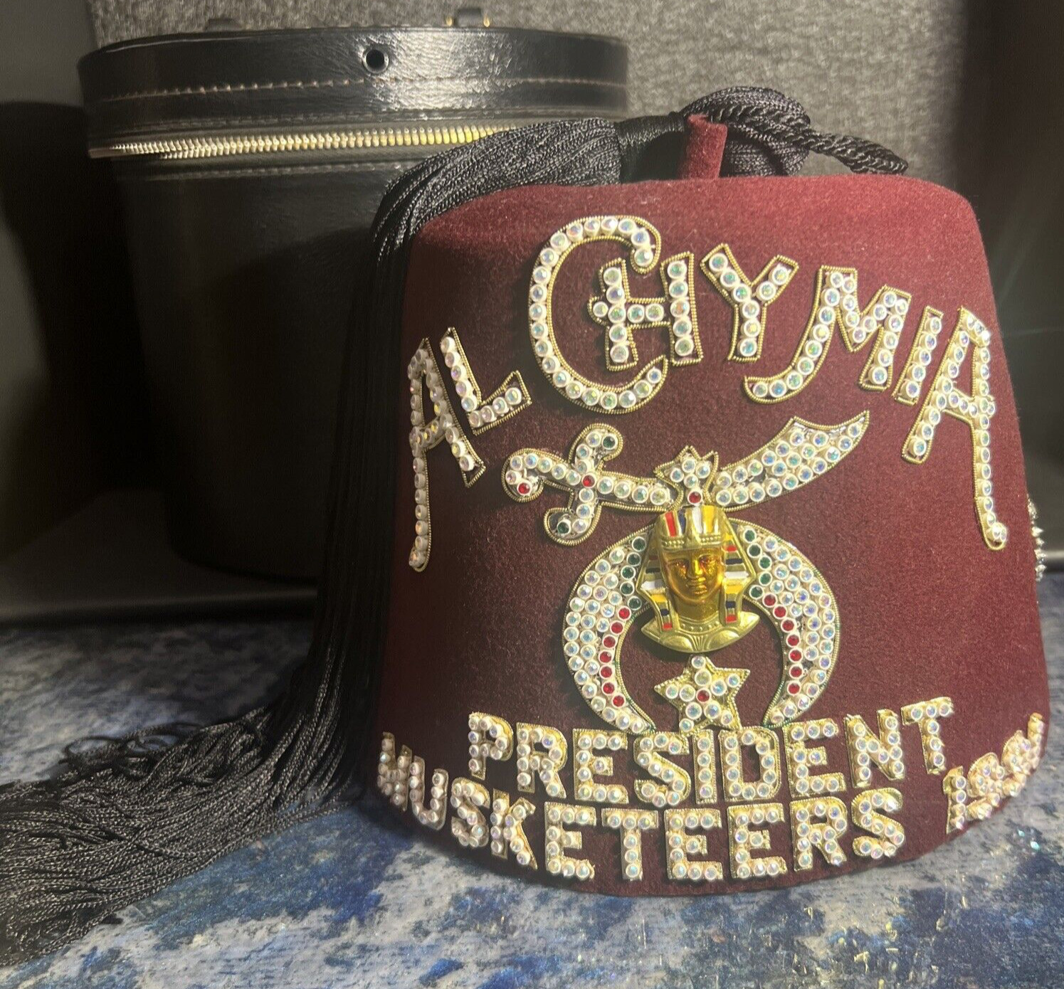 Vintage “President” Shriners Al Chymia Fez Hat with Tassel and Rhinestone & Bag