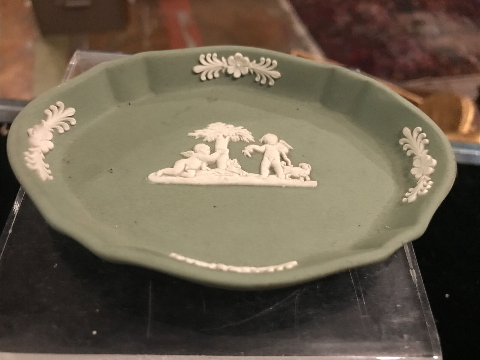 Vintage Antique English Green Angels Wedgwood Jewelry Trinket Dish Tray