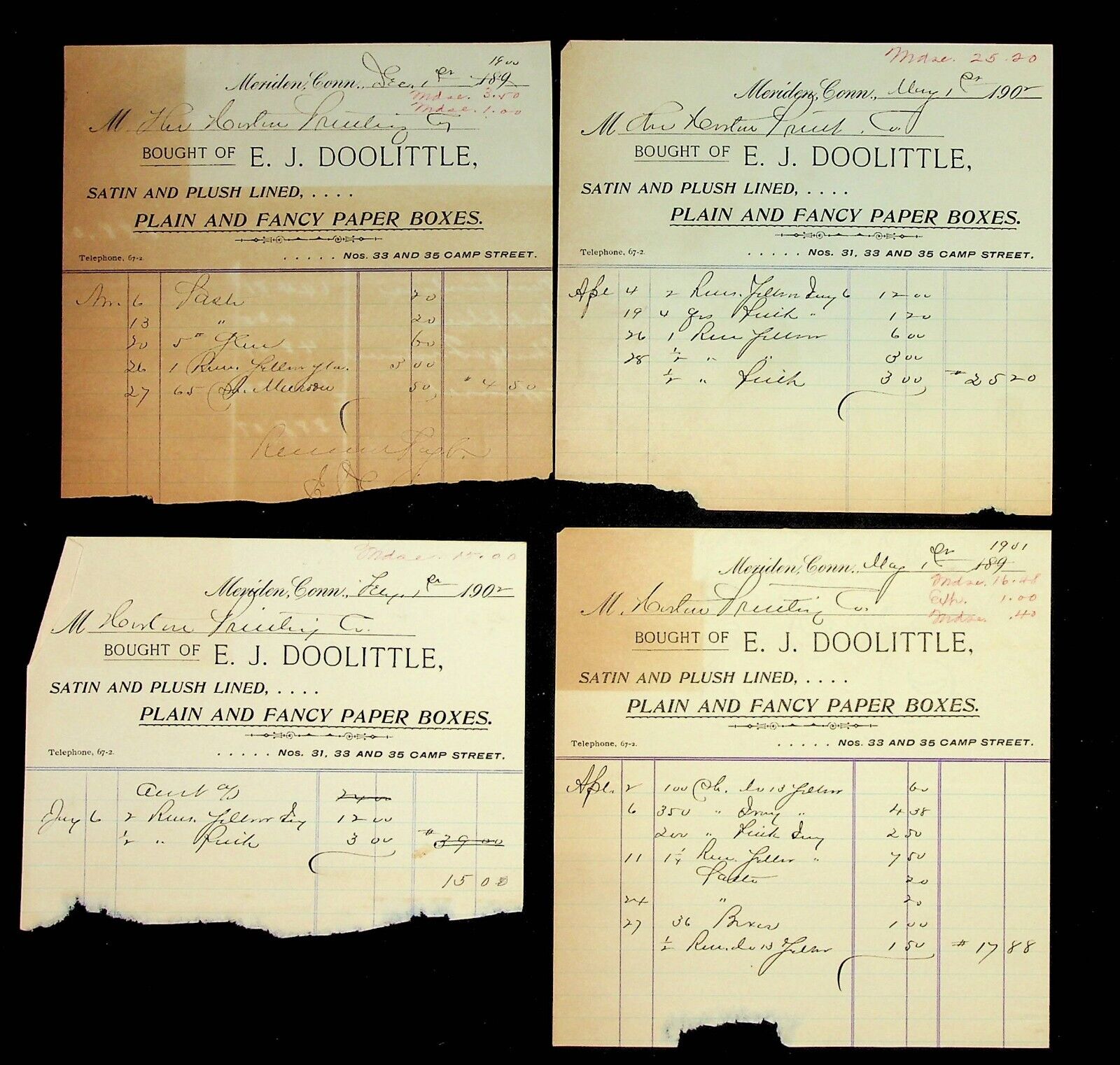 1900-1902 EJ Doolittle Paper Boxes Bill to Horton Printing at Meriden CT