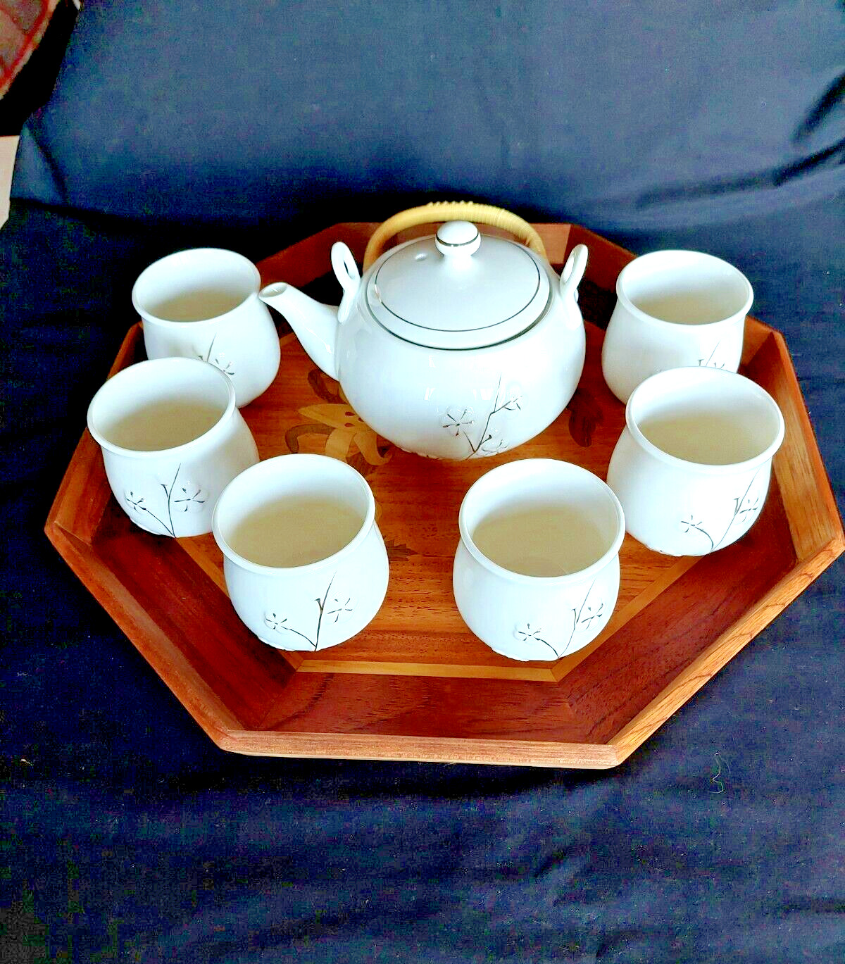 Japanese White Porcelain Tea Set by Dujust 1-Teapot 6-Cups W/Custom Wooden Tray
