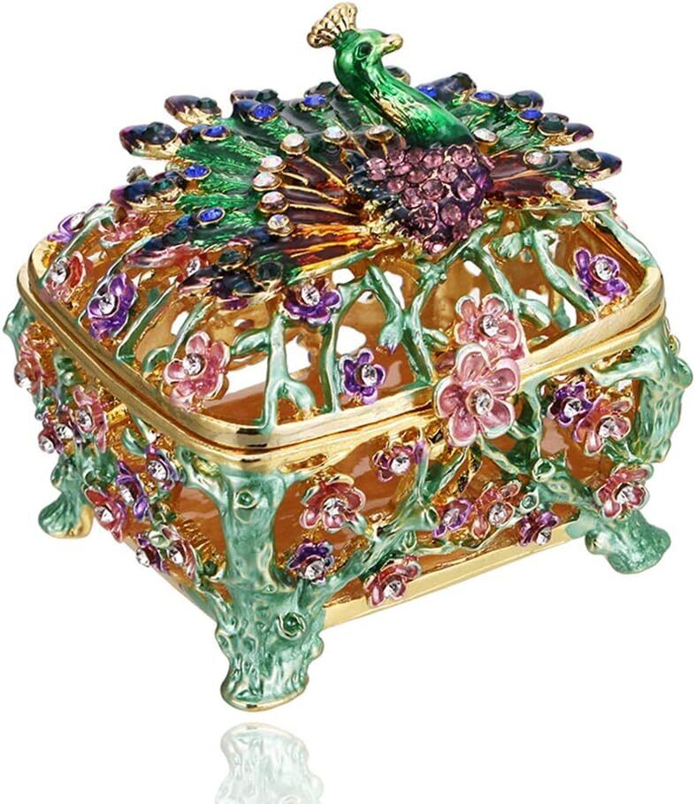 Hand Painted Peacock Trinket Box Enameled Jewelry Box Vintage Bejeweled Storage