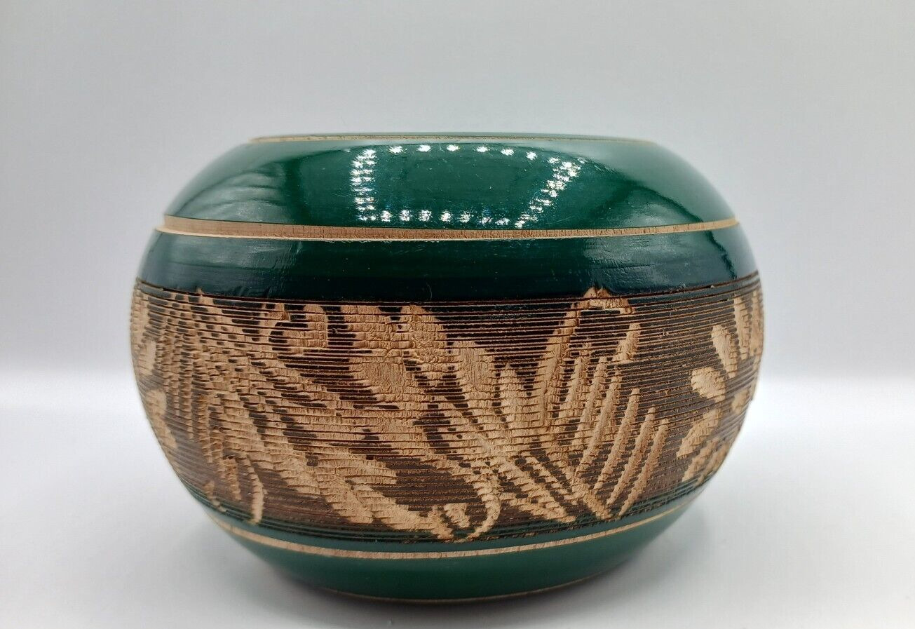 Vintage Hand Carved Wooden Round Pot Lacquered Green Jar 2.75 \