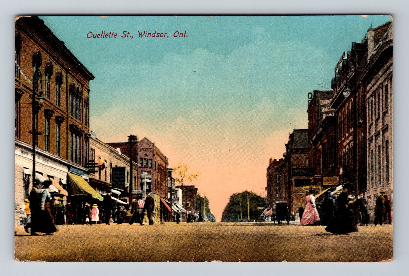 Windsor ON-Ontario Canada, Ouelette St Storefronts, Antique Vintage Postcard