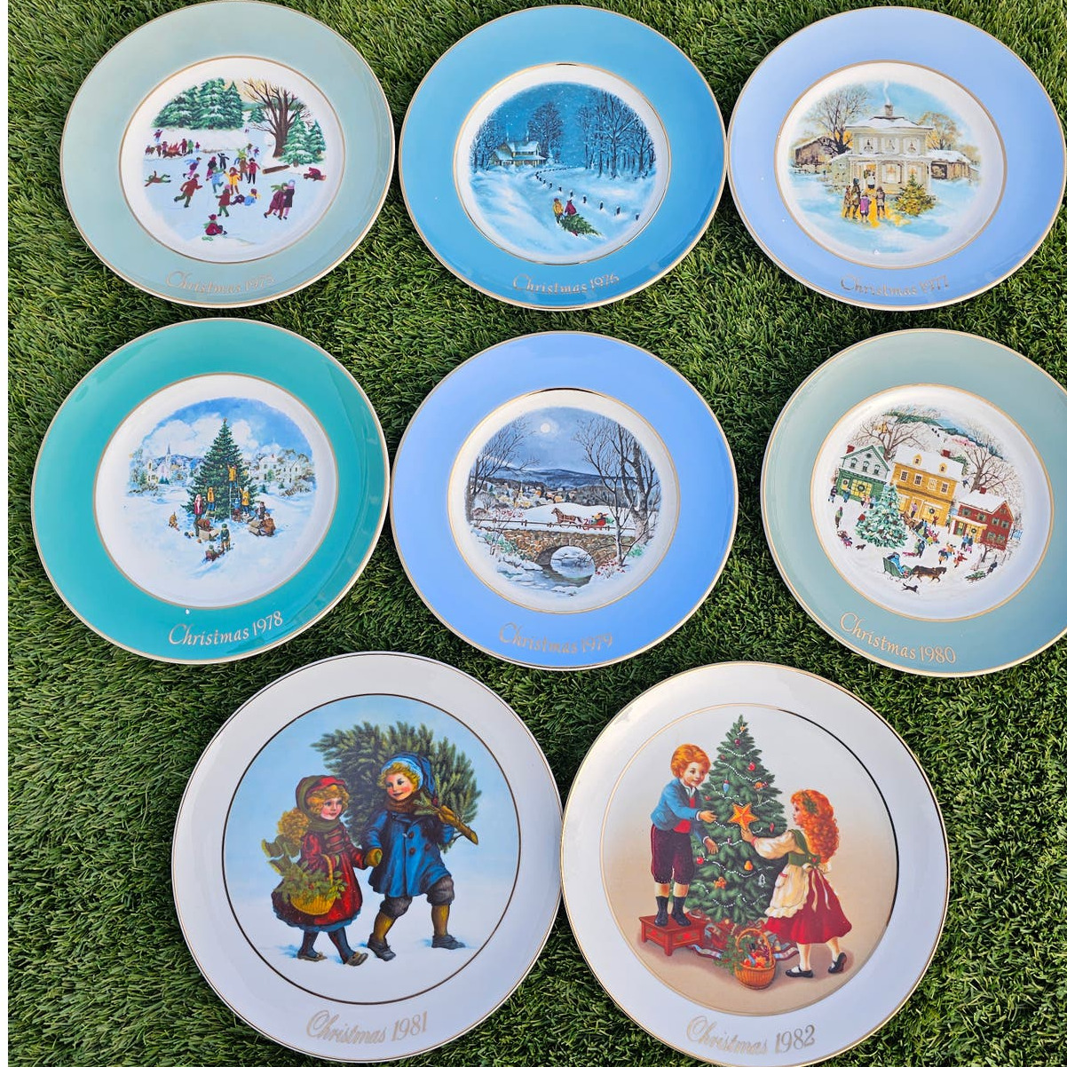Lot of 8 Vintage Avon Christmas Scene Porcelain Plates 1970s and 1980s