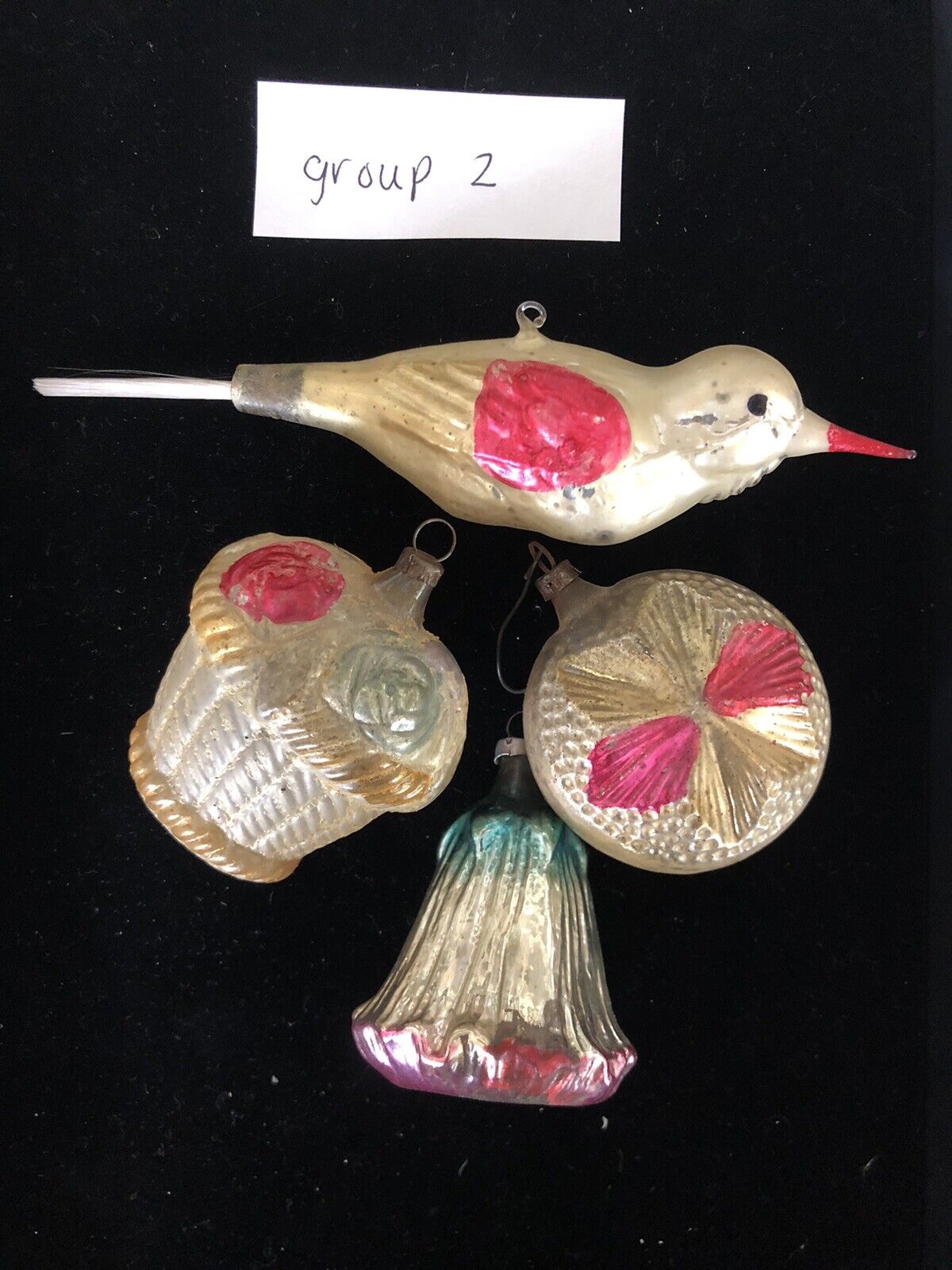 Antique German Lot Of Mixed Silver Pink Gold Flower Bird Glass Ornament-1900
