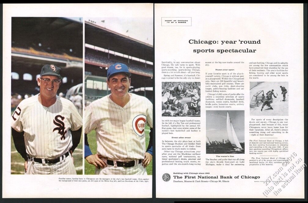 1960 Chicago Cubs Lou Boudreau photo First National Bank of Chicago print ad