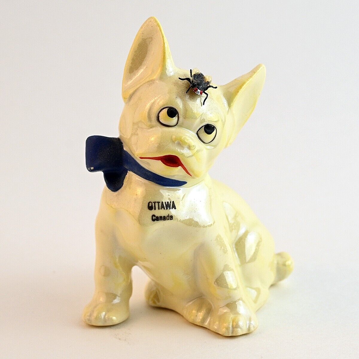 Vintage Luster Dog with Realistic Fly on Head Figurine Souvenir Ottawa Canada