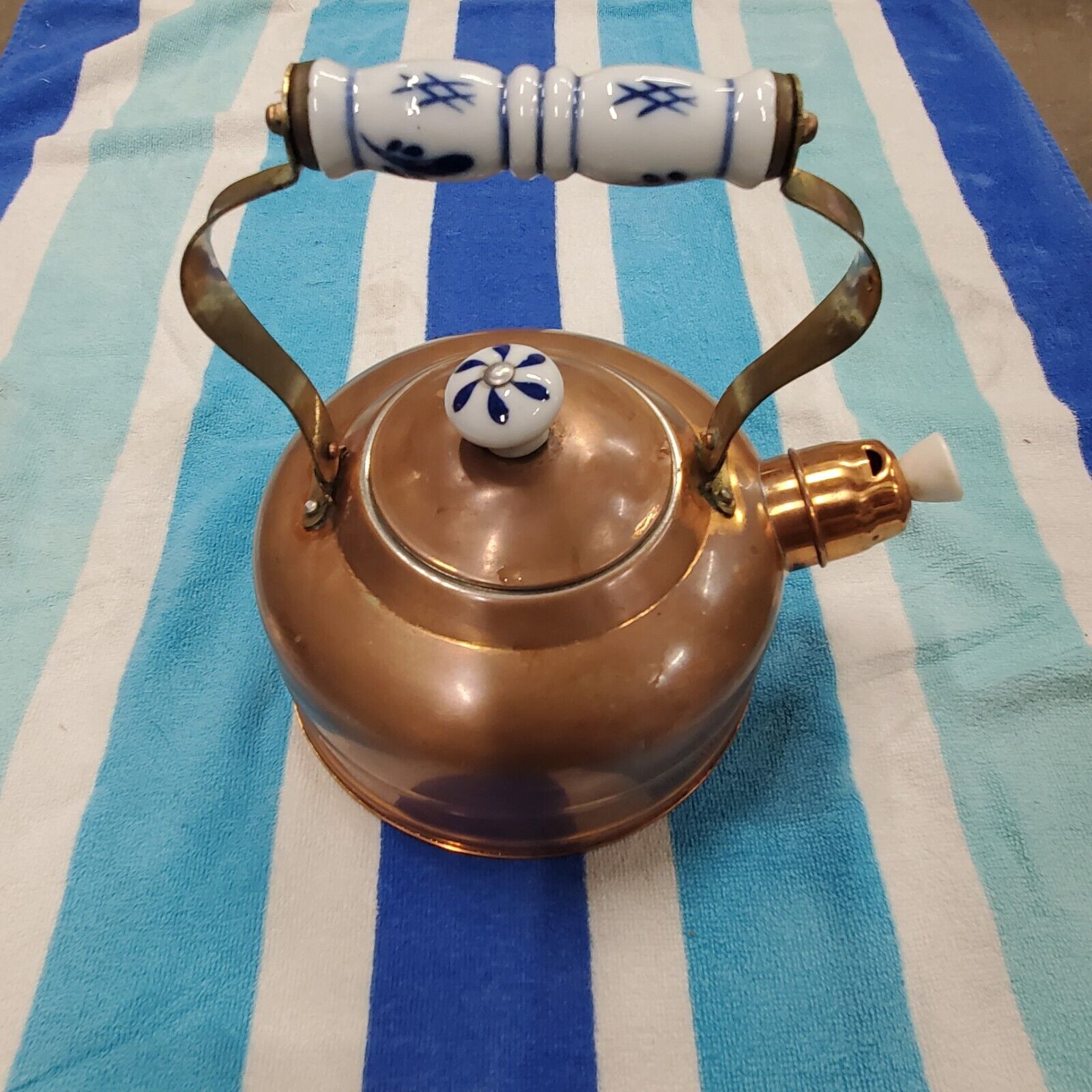 Vintage Copper Whistling Tea Pot Kettle - Delft Blue & White Porcelain Handles