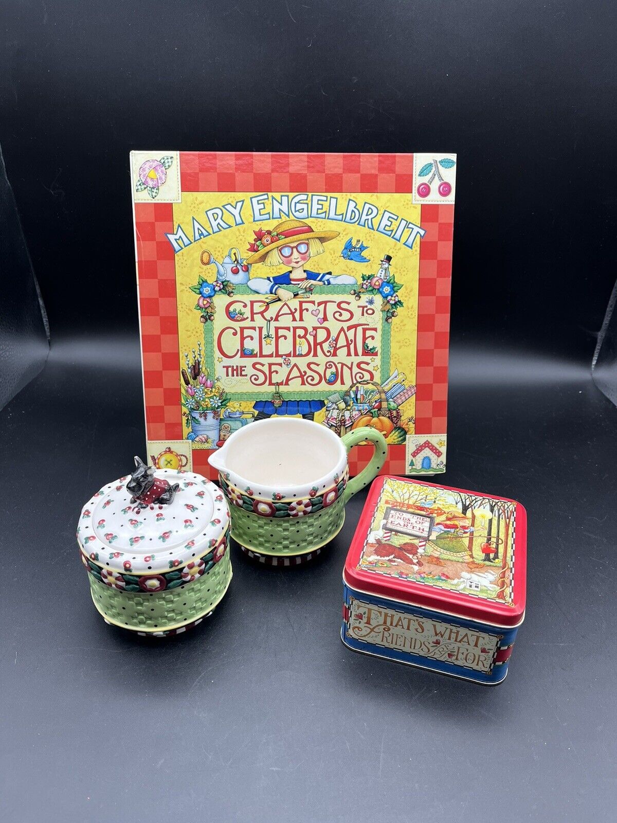 Lot of 4 Mary Engelbreit Collectibles Scotty Dog Cream & Sugar Craft Book & Tin