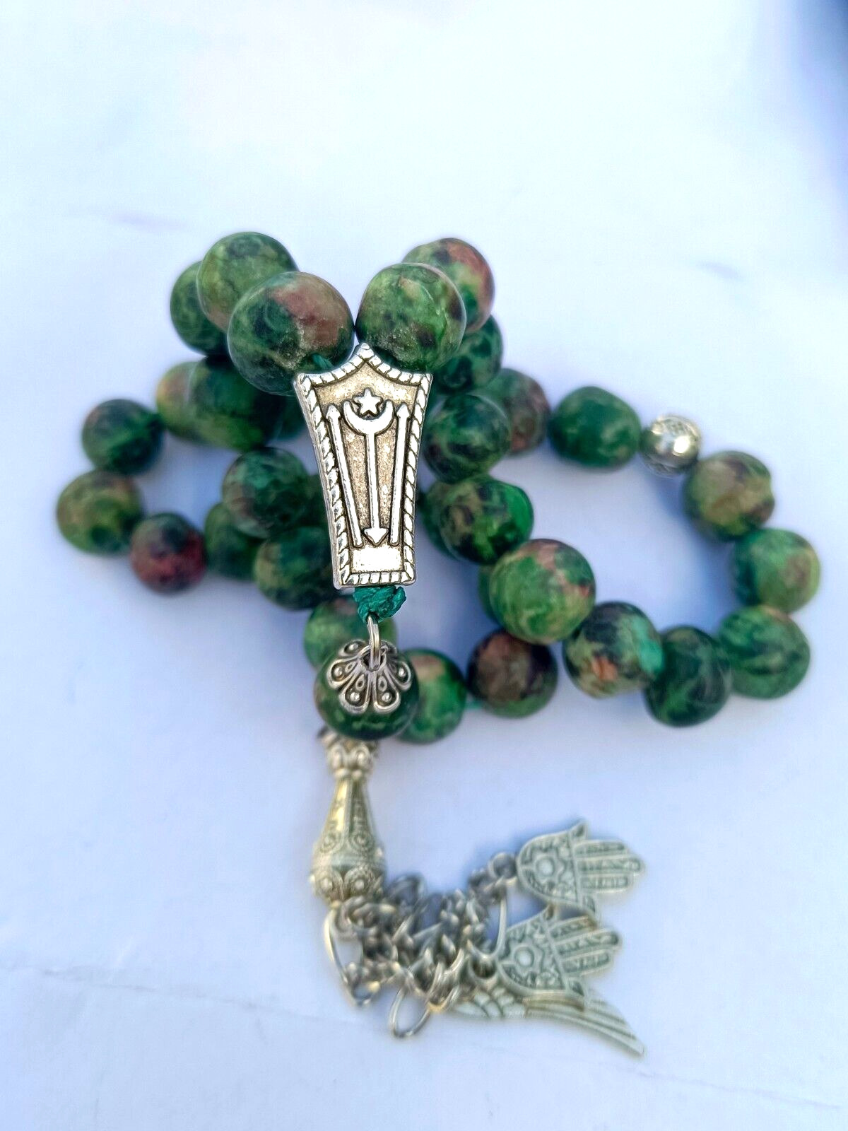 Rare Natural Green Fairouz Rosary Genuine Unevenly Cut 33 Stones Rosary New