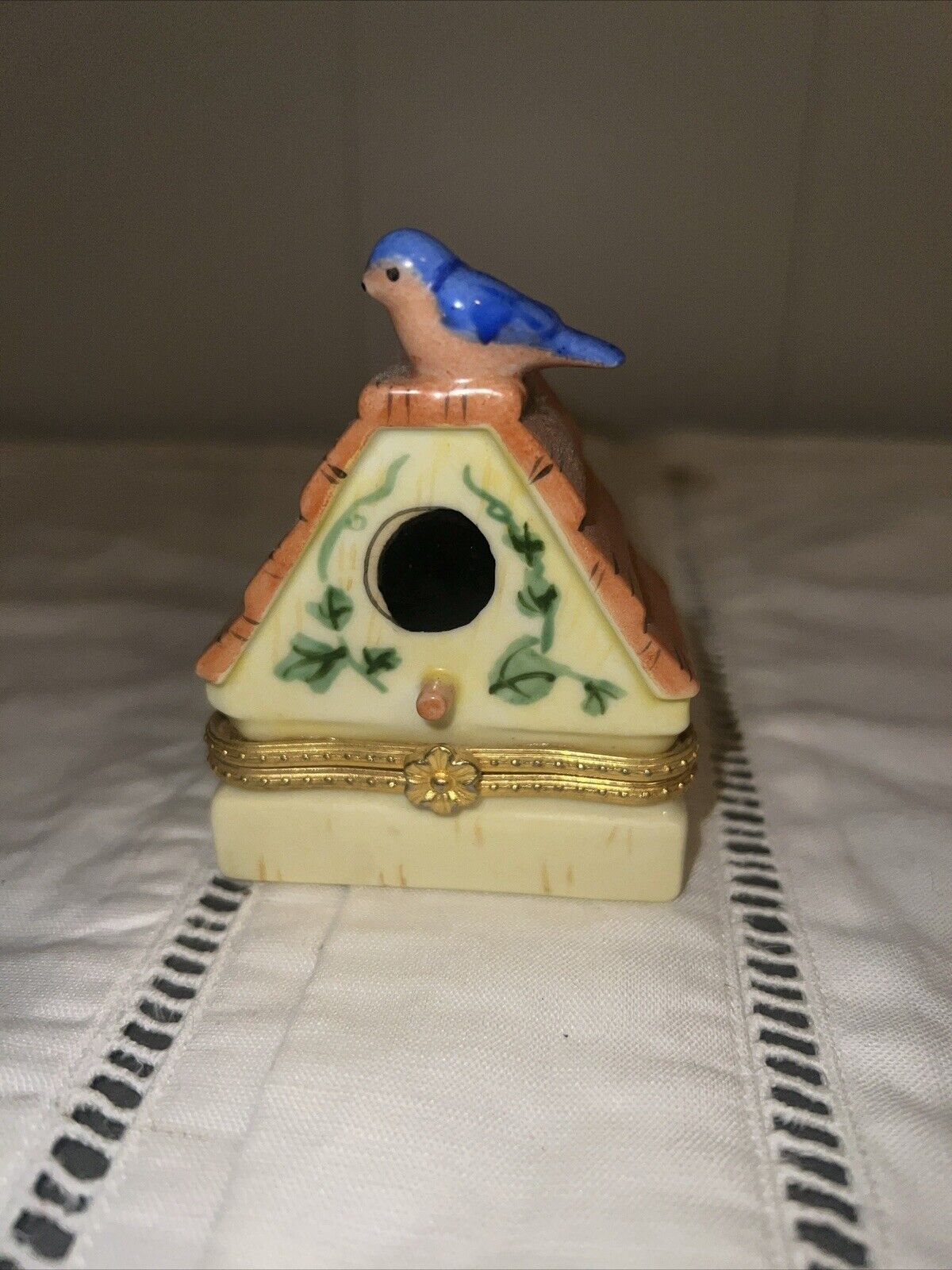 Vintage Hand Painted Porcelain Birdhouse Hinged Trinket Box