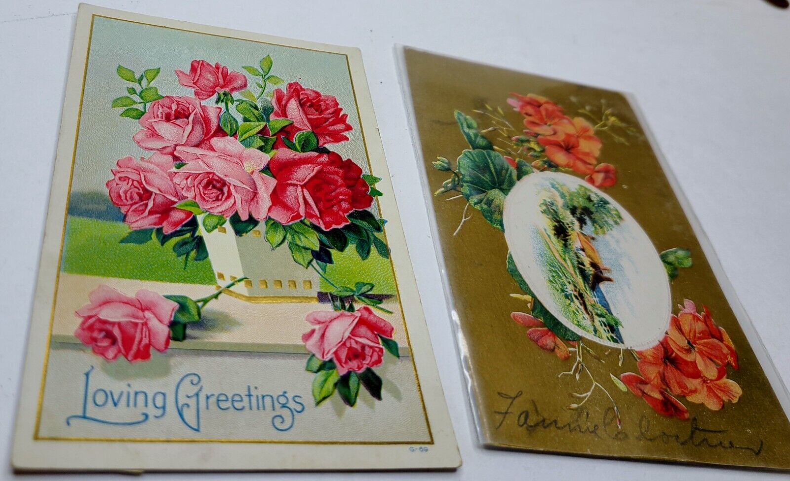 2 Antique Embossed Floral Greeting Postcards 1909-14 Postmarks Roses Geraniums