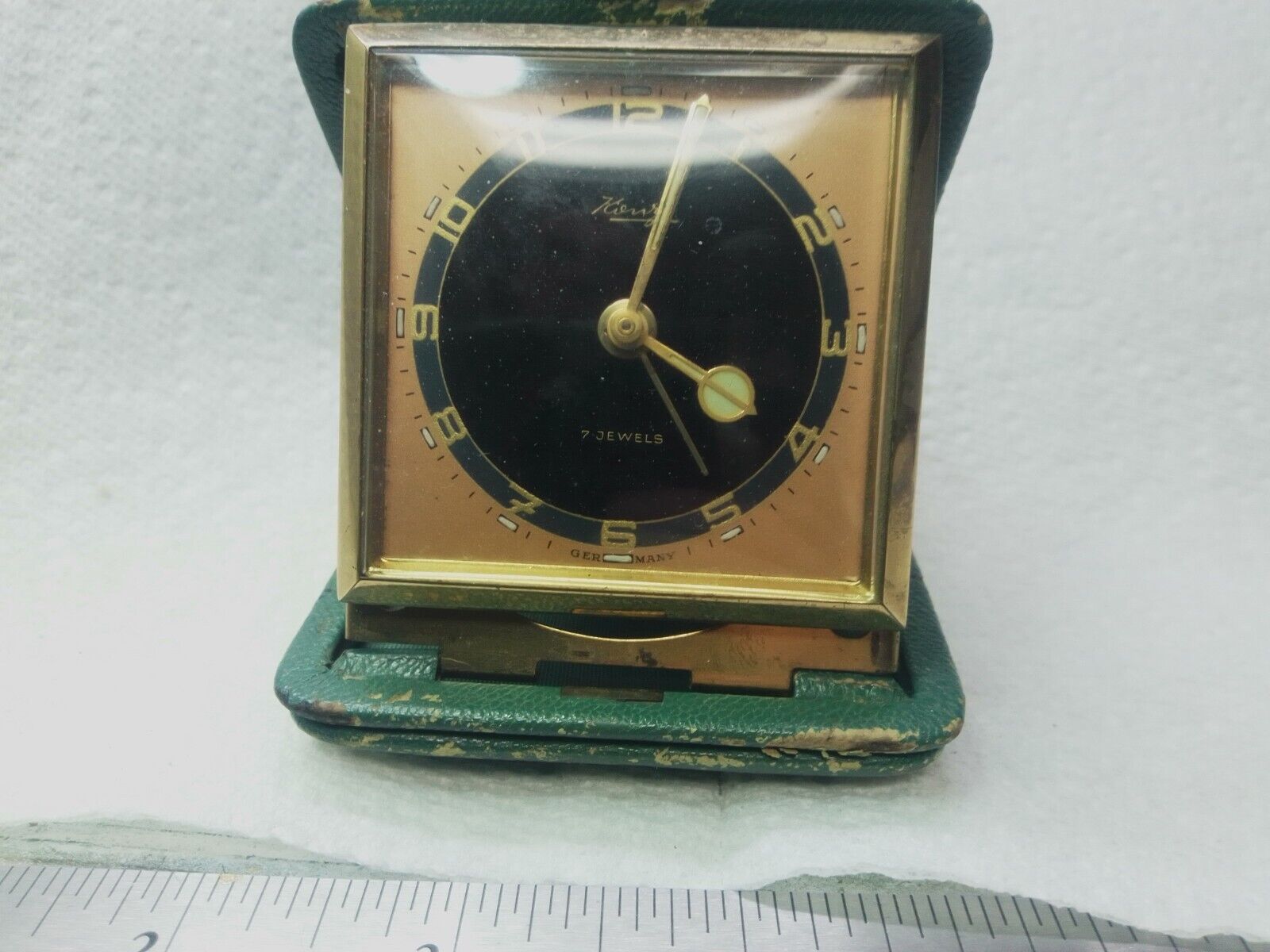 Vintage Rare Kienzle Alarm Travel Clock with green leather case (Runs)