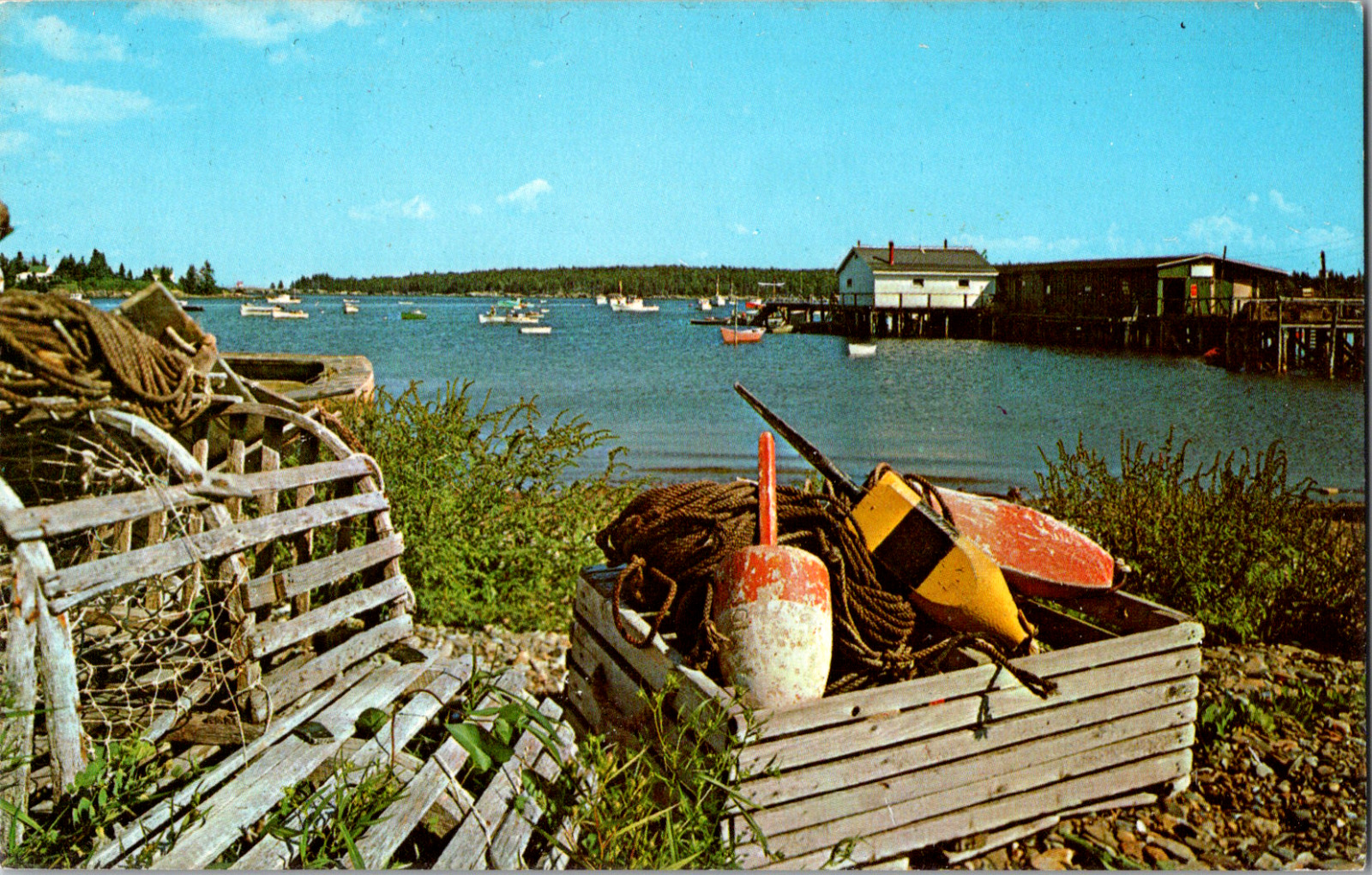 Vintage 1960\'s Lobster Traps, Boats at Owls Head Harbor Maine ME Postcard