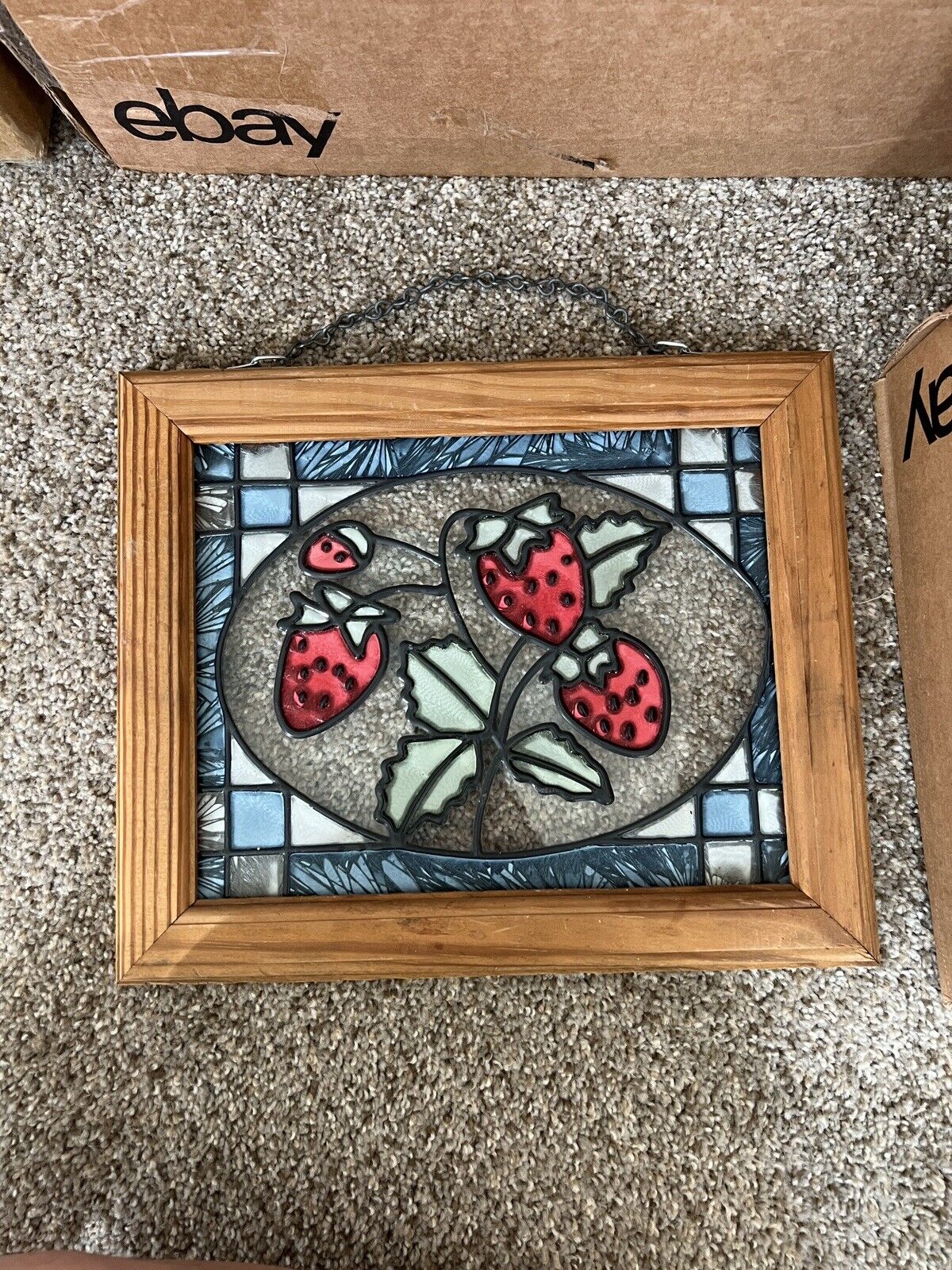 Vintage Strawberry Stained Glass Frame ~ Cottagecore ~ Wall Hang