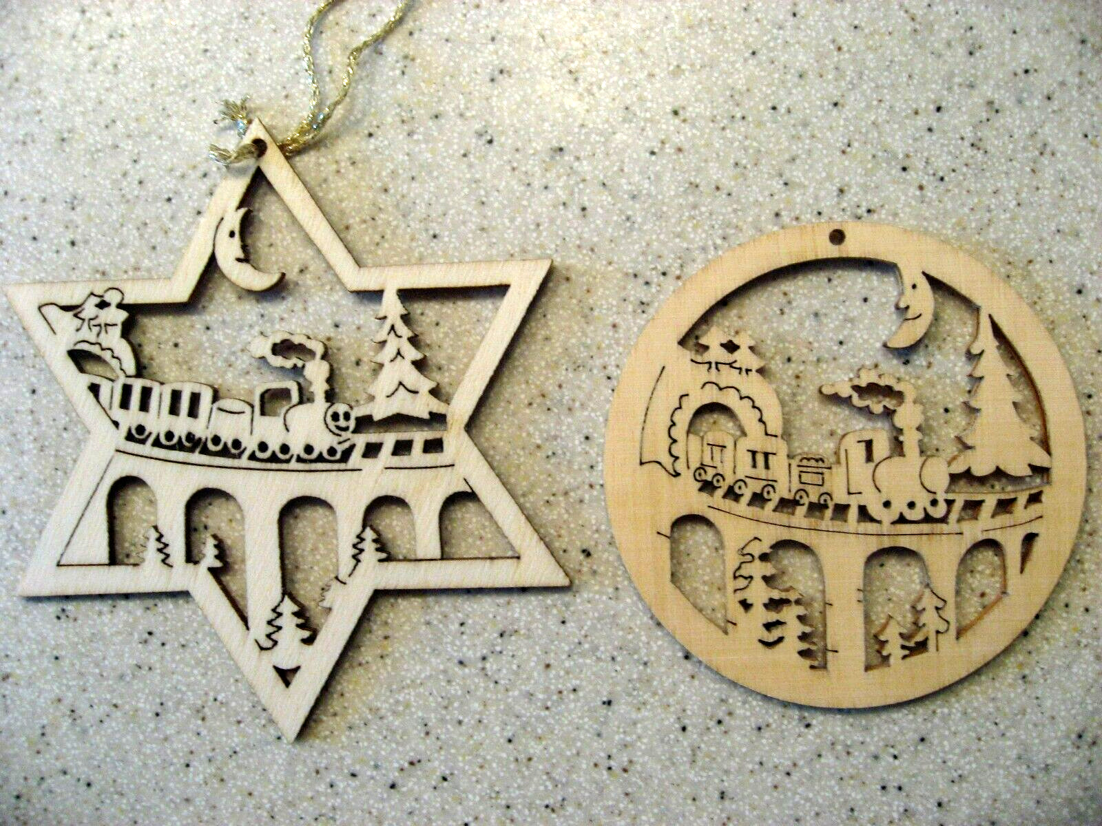 Vtg Lot of 2 Laser Cut Wood Christmas Ornaments with Train Scene Star & Round