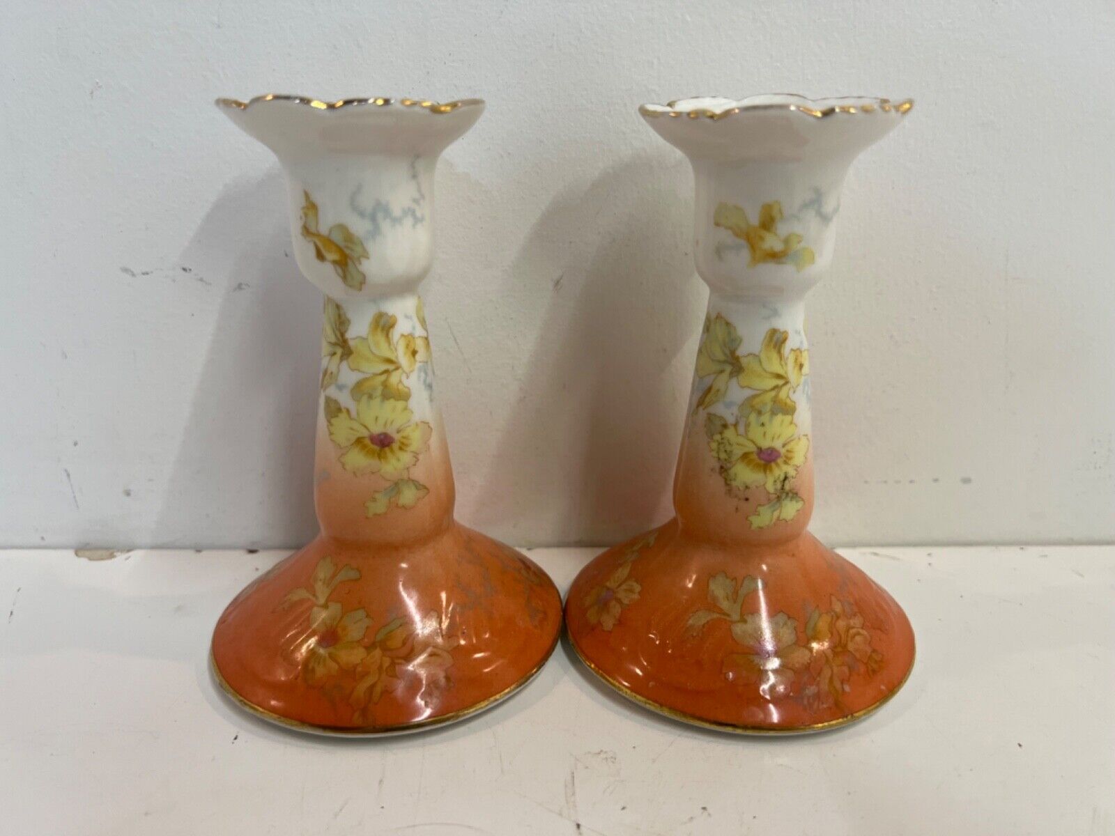 Antique Gustave Demartial & Cie Limoges Pair of Candlesticks with Floral Dec.