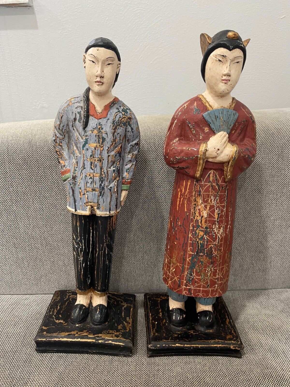 Asian Possibly Chinese Carved & Painted Pair Wood Statue Figurines Man & Woman
