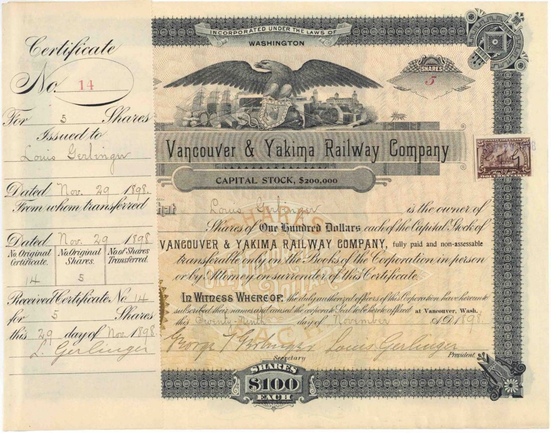 Portland Vancouver and Yakima Railway Co. signed by Louis Gerlinger - Railroad S