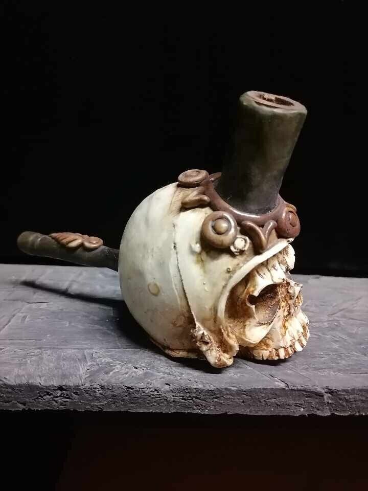 Rare Metal Militia Skull Tobacco Pipe Ceramic Hand Crafted Original Collectible