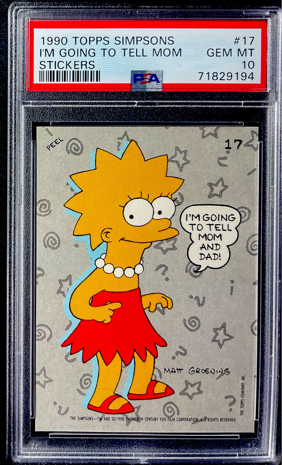 GEM MINT 1990 Topps The Simpsons Sticker LISA I'M GOING TO TELL MOM #17 PSA 10