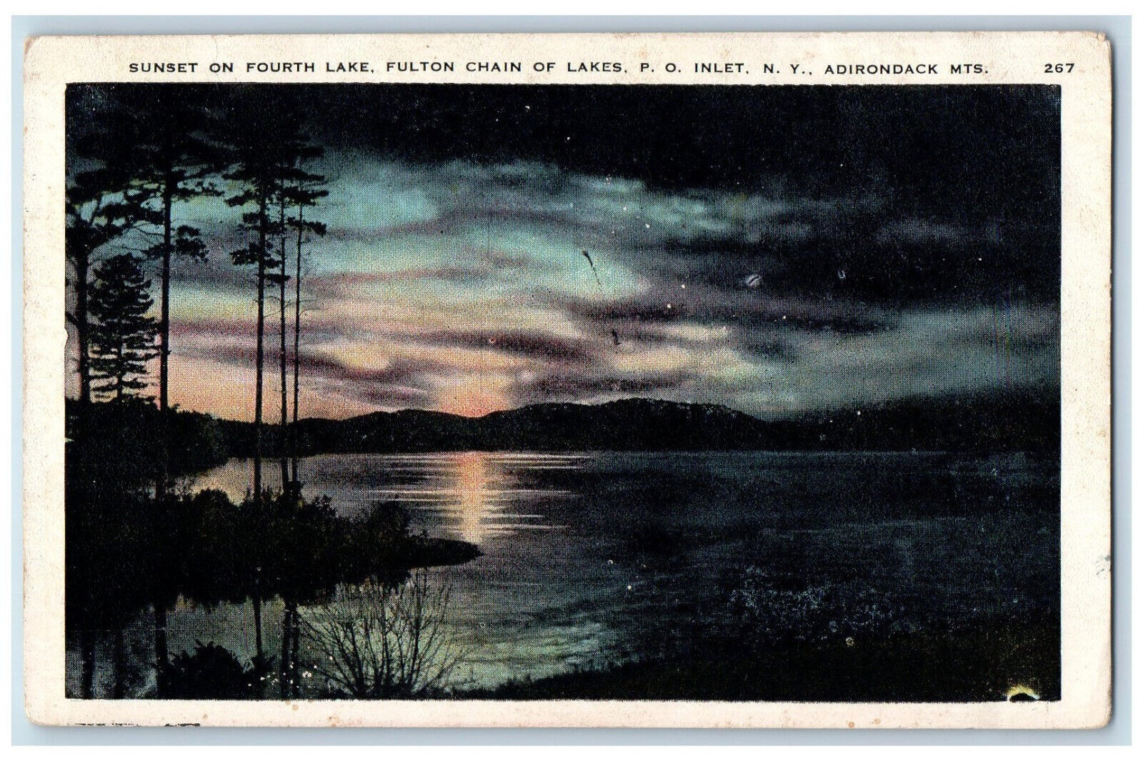 1929 Sunset on Fourth Lake Fulton Chain of Lakes PO Inlet Adirondack NY Postcard