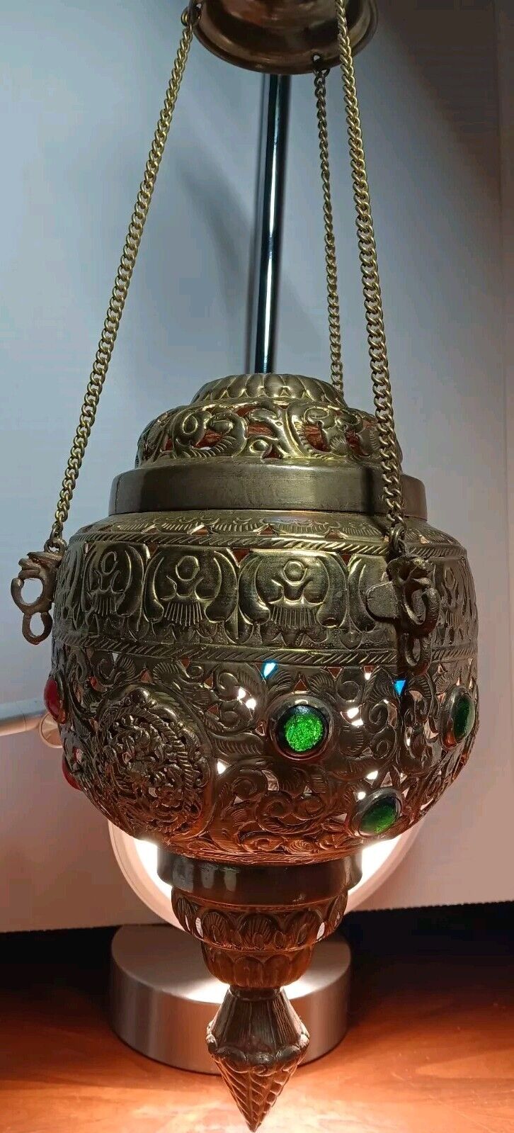 Vintage Pierced Brass Jeweled Hanging Candle Lamp Light Fixture 3 Colors