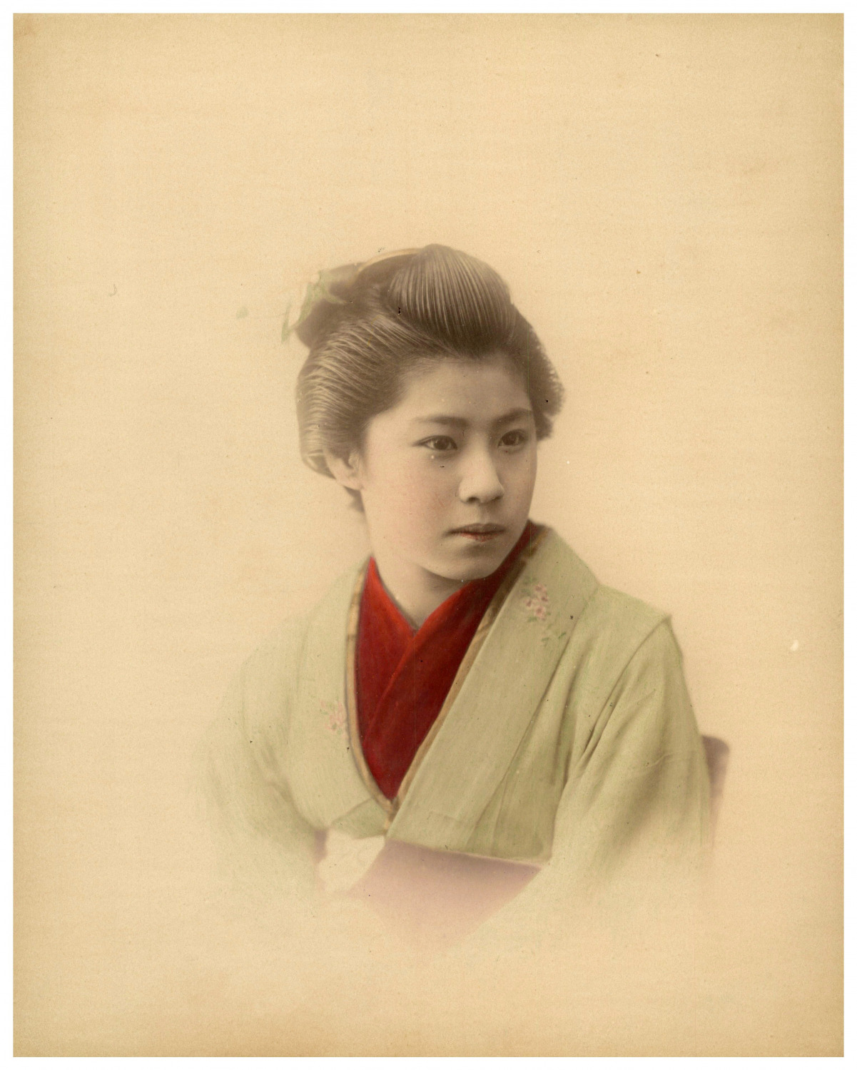 Japan, Portrait of a Young Geisha Vintage Print, Albumin Print Watercolor 