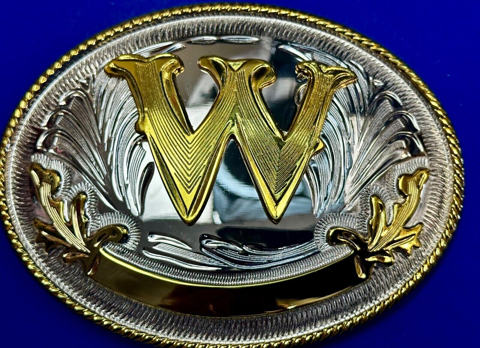 Initial Custom Letter W  NOS two tone western Belt Buckle W/ ribbon to engrave