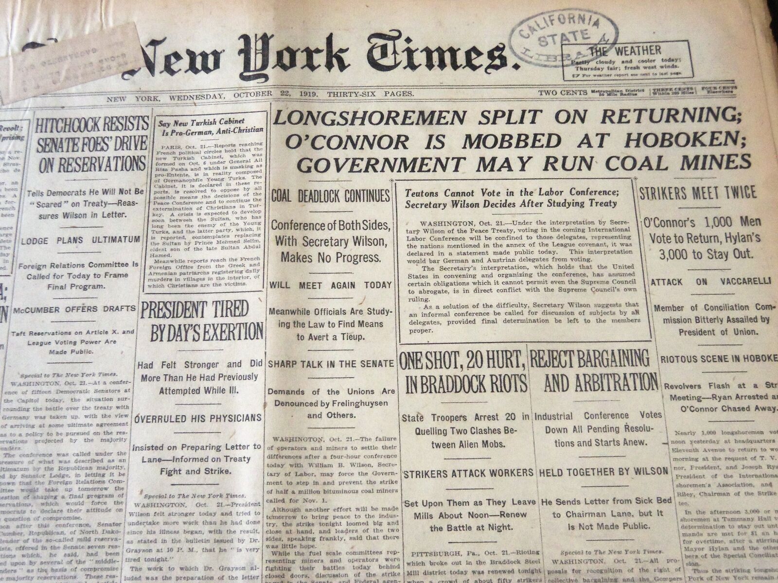 1919 OCTOBER 22 NEW YORK TIMES - GOVERNMENT MAY RUN COAL MINES - NT 6407