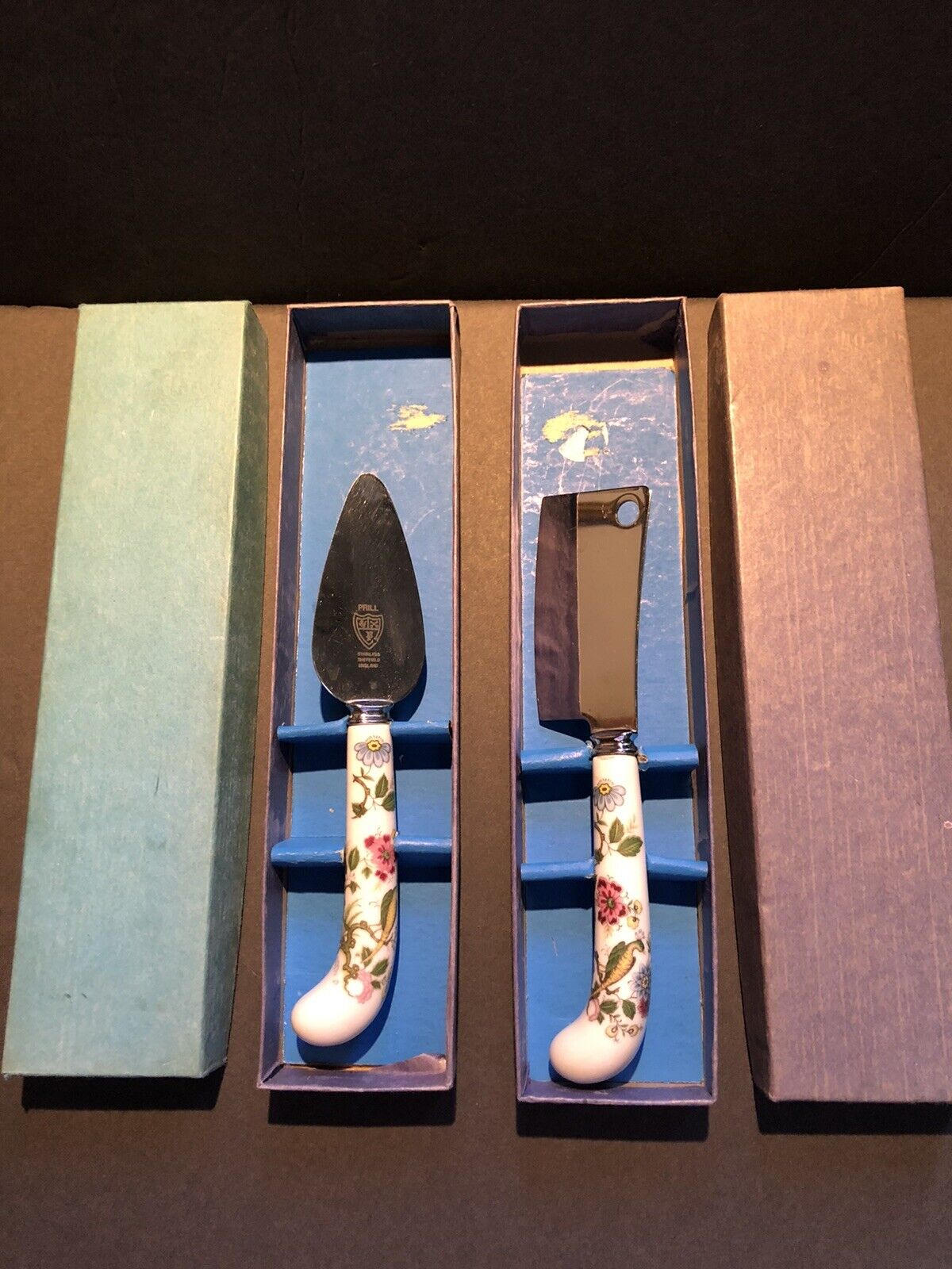 Prill Sheffield England Stainless Ceramic Cheese Spreader/Cleaver Original Boxes