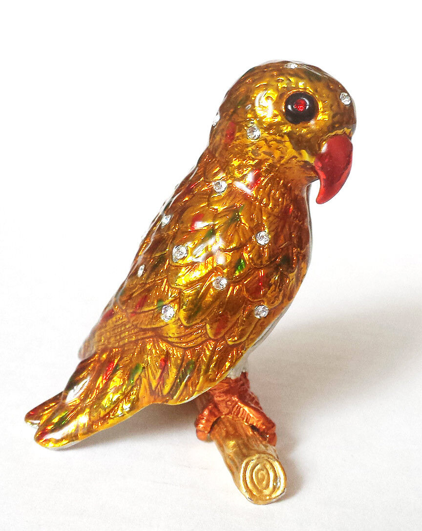 PARROT Figurine Decorative Bejeweled Enamel Trinket Jewelry Box Bird 