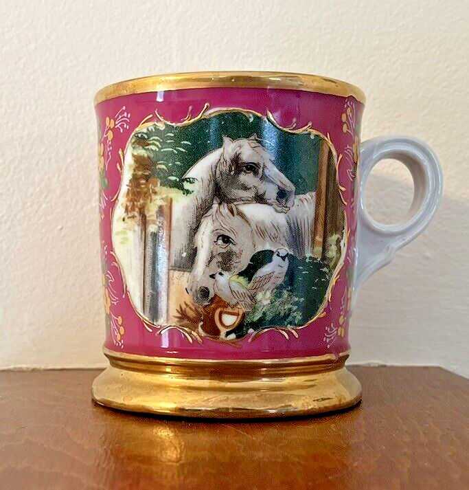 Antique Porcelain Occupational Shaving Mug Victorian Horse Gold Rimmed Heavy