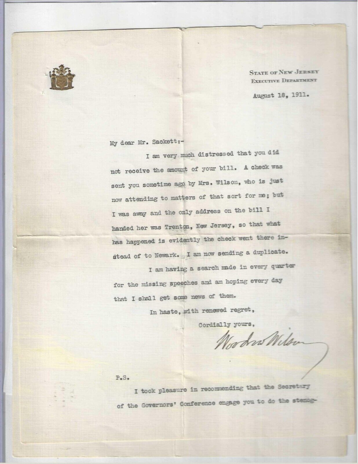 Woodrow Wilson Autographed 8x10 1911 Letter United States President JSA Letter