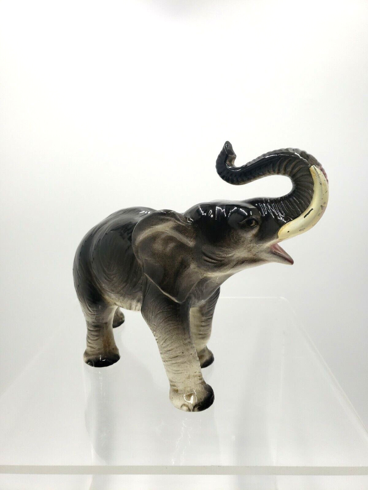 Vintage MCM  Ceramic Elephant Figurine Trunk Up For Luck Black Grey Pink Tusks