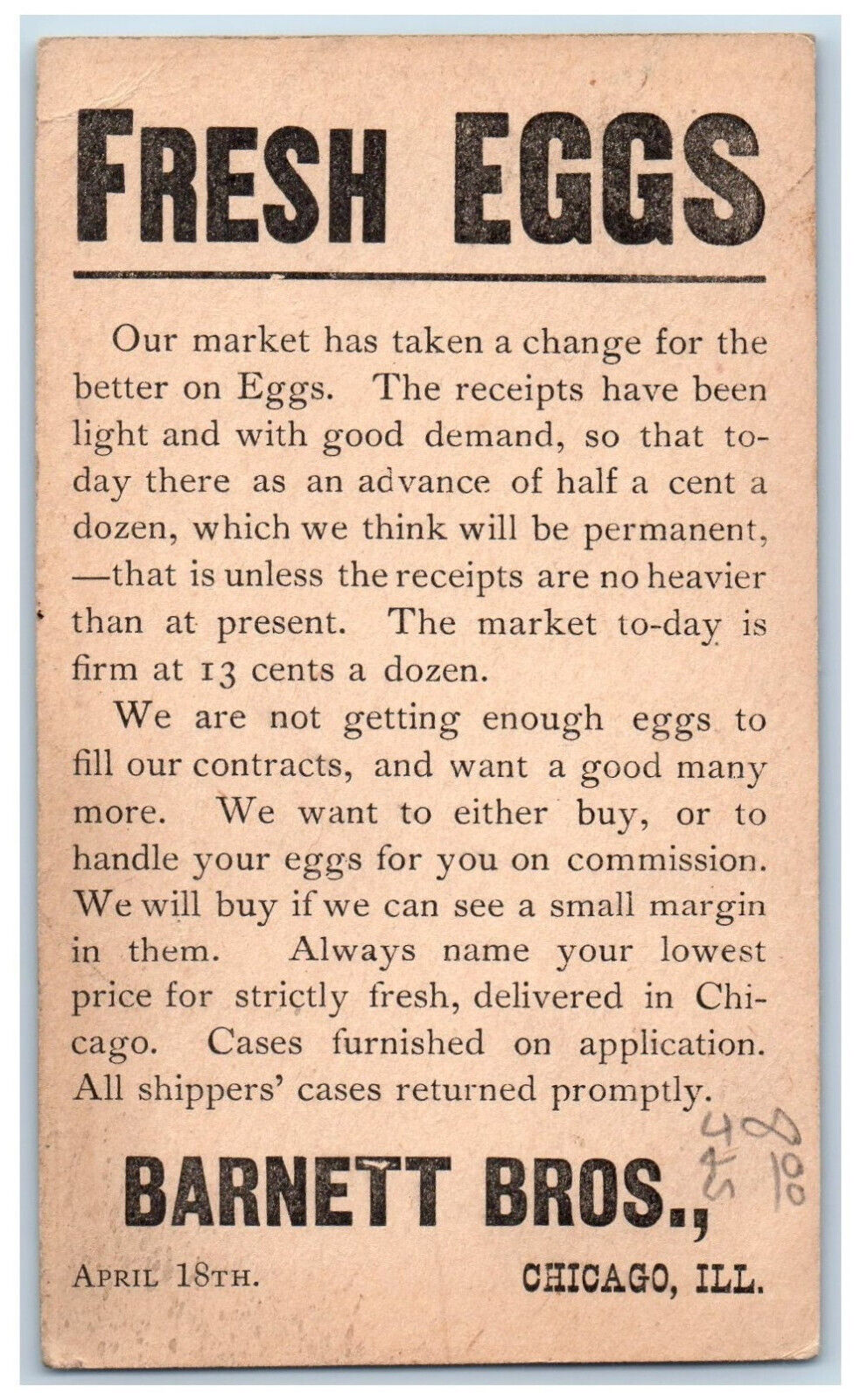 Chicago Illinois IL Postal Card Barnett Bros. Fresh Eggs 1891 Antique Posted