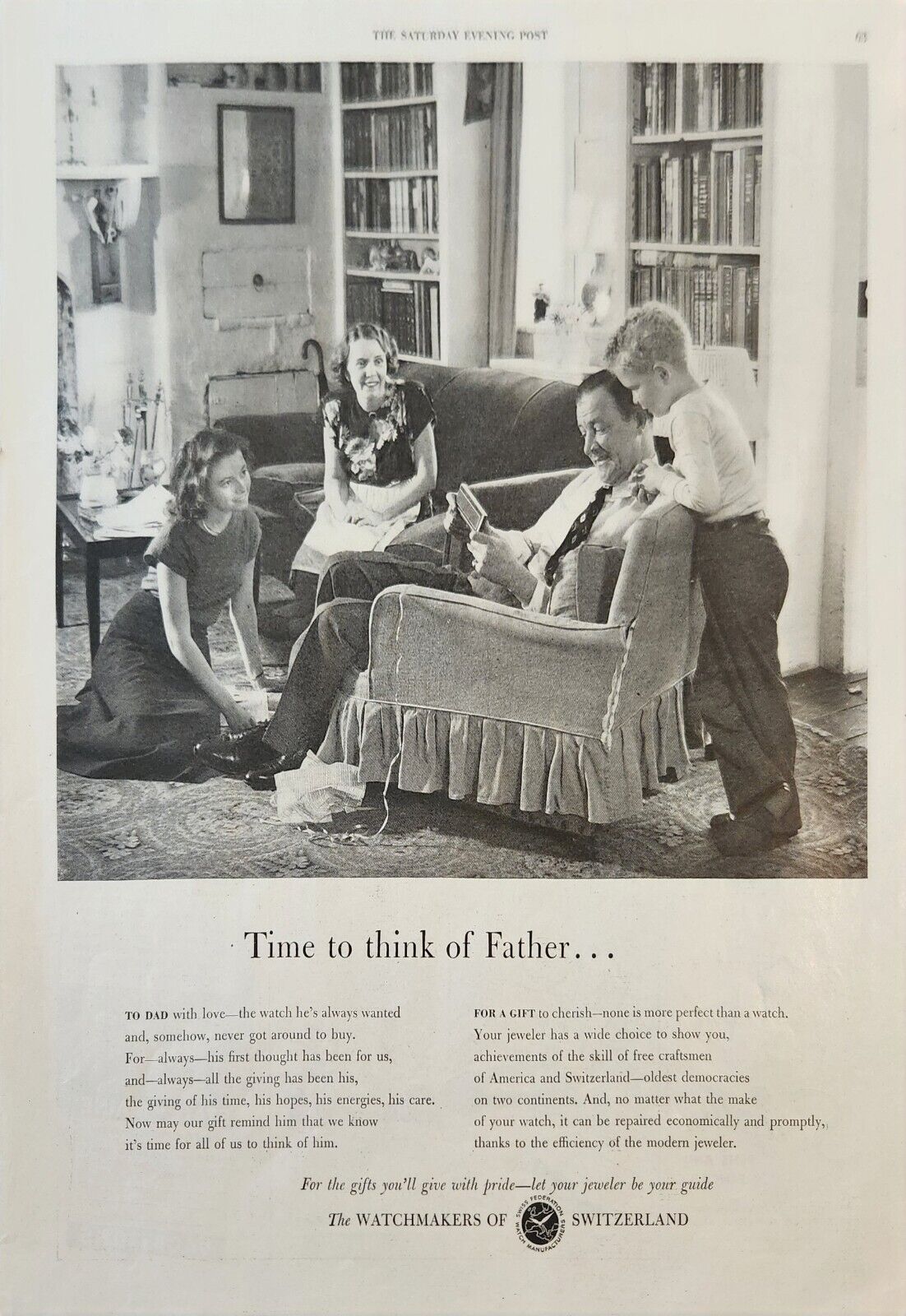 1948 Swiss Federation Watch Manufacturing Vintage ad Time to think of father