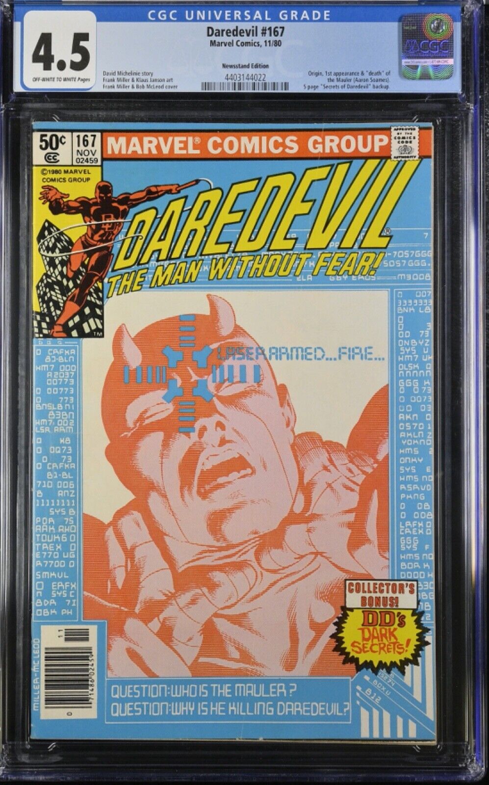 DAREDEVIL #167 CGC 9.2 1980 Marvel Frank Miller 1st Appearance & Death of Mauler