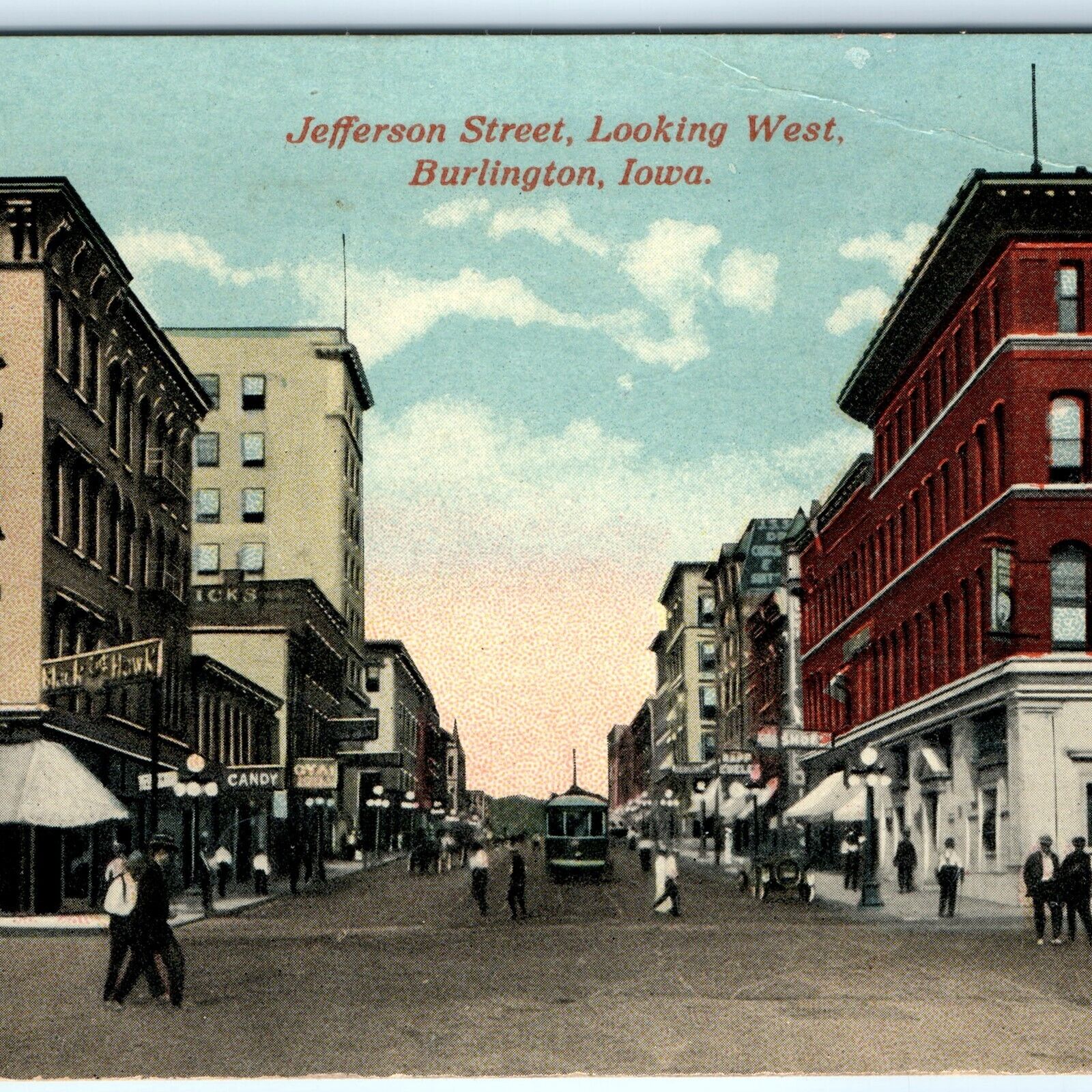 c1910s Burlington, IA Jefferson Street Looking West Downtown Postcard Main A101