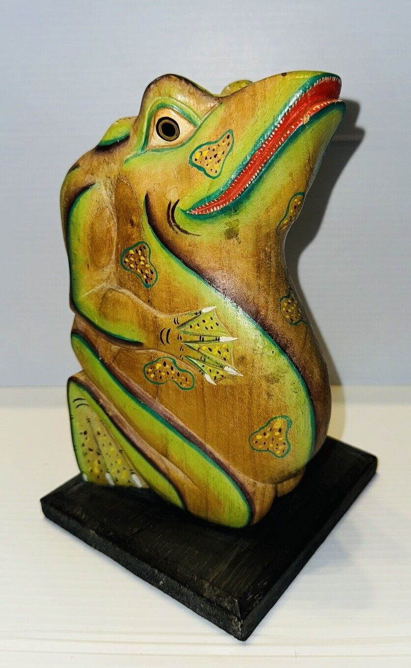 Vintage Hand Painted Carved Wooden FROG~BALI~INDONESIA FOLK ART 8.5” Tall